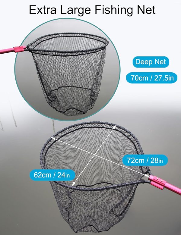 Beoccudo Fishing Net Large Fishing Net with Handle Landing Nets for Saltwater Telescopic Rubber Fishing Nets for Fish Aluminum Dip Net, Extends to 72-92in, Net Hoop 28x24in, 30in Deep Fish Net - Image 3