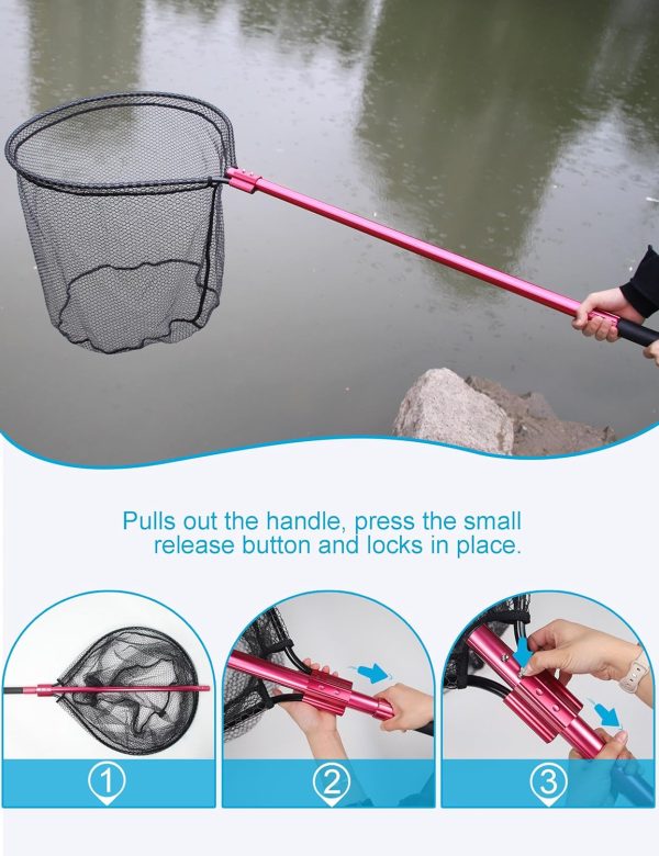 Beoccudo Fishing Net Large Fishing Net with Handle Landing Nets for Saltwater Telescopic Rubber Fishing Nets for Fish Aluminum Dip Net, Extends to 72-92in, Net Hoop 28x24in, 30in Deep Fish Net - Image 5