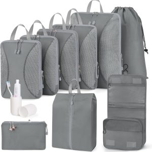 Compression Packing Cubes 10 Sets, Packing Organizers, Extensible Suitcase Organiser Bags, Travel Organizer Cubes for Travel Essentials Grey